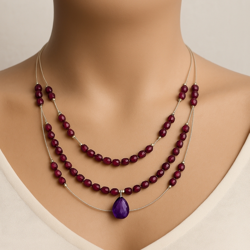 Purple & Lavender Layered Illusion Beaded Necklace – Women's Silver-Tone Fashion
